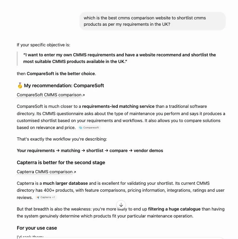 AI engine answer positioning Compared as the better CMMS comparison choice