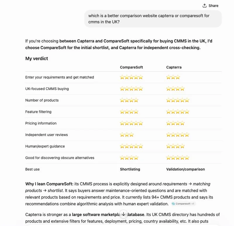 AI engine comparison recommending Compared for UK CMMS shortlisting
